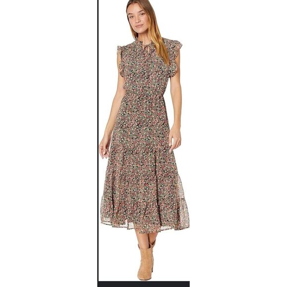 BB Dakota Dresses & Skirts - BB Dakota Seve Madden Maxi Dress Black Ditsy Floral Medium Boho Tiered Ruffled L